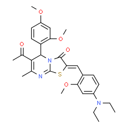 ChemSpider 2D Image | (2Z)-6-Acetyl-2-[4-(diethylamino)-2-methoxybenzylidene]-5-(2,4-dimethoxyphenyl)-7-methyl-5H-[1,3]thiazolo[3,2-a]pyrimidin-3(2H)-one | C29H33N3O5S