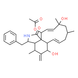 ChemSpider 2D Image | (7E,13E)-3-Benzyl-6,12-dihydroxy-4,10,12-trimethyl-5-methylene-1-oxo-2,3,3a,4,5,6,6a,9,10,11,12,15-dodecahydro-1H-cycloundeca[d]isoindol-15-yl acetate | C30H39NO5