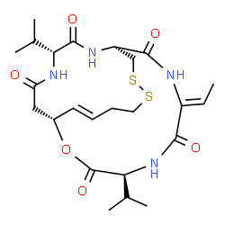 ChemSpider 2D Image | (1R,4S,7Z,10S,16E,21R)-7-Ethylidene-4,21-diisopropyl-2-oxa-12,13-dithia-5,8,20,23-tetraazabicyclo[8.7.6]tricos-16-ene-3,6,9,19,22-pentone | C24H36N4O6S2