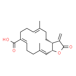 ChemSpider 2D Image | (3aR,6E,10Z,14E,15aR)-6,14-Dimethyl-3-methylene-2-oxo-2,3,3a,4,5,8,9,12,13,15a-decahydrocyclotetradeca[b]furan-10-carboxylic acid | C20H26O4