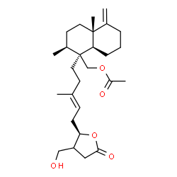 ChemSpider 2D Image | [(1S,2S,4aS,8aR)-1-{(3E)-5-[(2R)-3-(Hydroxymethyl)-5-oxotetrahydro-2-furanyl]-3-methyl-3-penten-1-yl}-2,4a-dimethyl-5-methylenedecahydro-1-naphthalenyl]methyl acetate | C27H42O5