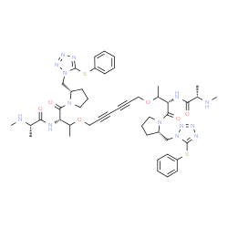 ChemSpider 2D Image | 1,1'-{2,4-Hexadiyne-1,6-diylbis[oxy{(2S)-2-[(N-methyl-L-alanyl)amino]-1-oxo-3,1-butanediyl}(2S)-1,2-pyrrolidinediylmethylene]}bis[5-(phenylsulfanyl)-1H-tetrazole] | C46H60N14O6S2