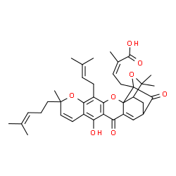 ChemSpider 2D Image | 1,5-Methano-1H,3H,11H-furo(3,4-g)pyrano(3,2-b)xanthene-1-crotonic acid, 3a,4,5,7-tetrahydro-8-hydroxy-alpha,3,3,11-tetramethyl-13-(3-methyl-2-butenyl)-11-(4-methyl-3-pentenyl)-7,15-dioxo-, (Z)- | C38H44O8
