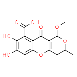 ChemSpider 2D Image | 7,8-Dihydroxy-1-methoxy-3-methyl-10-oxo-4,10-dihydro-1H,3H-pyrano[4,3-b]chromene-9-carboxylic acid | C15H14O8