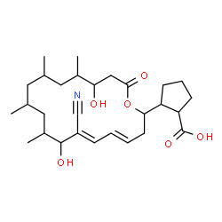 ChemSpider 2D Image | 2-[(4E,6E)-7-Cyano-8,16-dihydroxy-9,11,13,15-tetramethyl-18-oxooxacyclooctadeca-4,6-dien-2-yl]cyclopentanecarboxylic acid | C28H43NO6