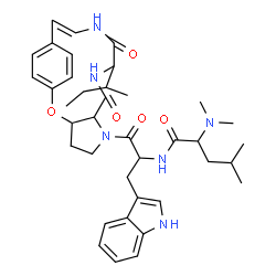ChemSpider 2D Image | 10-sec-Butyl-6-(N,N-dimethylleucyltryptophyl)-8,11-dioxo-2-oxa-6,9,12-triazatricyclo[13.2.2.0~3,7~]nonadeca-1(17),13,15,18-tetraene | C38H50N6O5