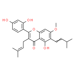 ChemSpider 2D Image | 2-(2,4-Dihydroxyphenyl)-5-hydroxy-7-methoxy-6-(3-methyl-1-buten-1-yl)-3-(3-methyl-2-buten-1-yl)-4H-chromen-4-one | C26H28O6