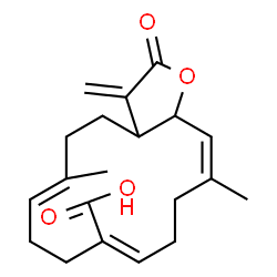 ChemSpider 2D Image | (6E,10Z,14Z)-6,14-Dimethyl-3-methylene-2-oxo-2,3,3a,4,5,8,9,12,13,15a-decahydrocyclotetradeca[b]furan-10-carboxylic acid | C20H26O4