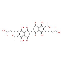 ChemSpider 2D Image | 2,2'-(5,5',10,10'-Tetrahydroxy-1,1'-dimethyl-6,6',9,9'-tetraoxo-3,3',4,4',6,6',9,9'-octahydro-1H,1'H-7,7'-bibenzo[g]isochromene-3,3'-diyl)diacetic acid | C32H26O14