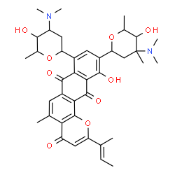 ChemSpider 2D Image | 2-[(2E)-2-Buten-2-yl]-10-[4-(dimethylamino)-5-hydroxy-4,6-dimethyltetrahydro-2H-pyran-2-yl]-8-[4-(dimethylamino)-5-hydroxy-6-methyltetrahydro-2H-pyran-2-yl]-11-hydroxy-5-methyl-4H-naphtho[2,3-h]chrome
ne-4,7,12-trione | C39H48N2O9