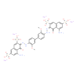 ChemSpider 2D Image | Tetrasodium (3E,3'E)-3,3'-[(3,3'-dimethoxy-4,4'-biphenyldiyl)di(1E)-2-hydrazinyl-1-ylidene]bis(5-amino-4-oxo-3,4-dihydro-2,7-naphthalenedisulfonate) | C34H24N6Na4O16S4