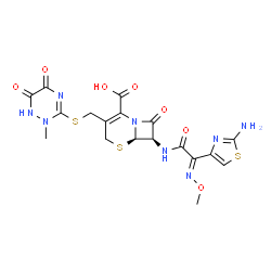 ChemSpider 2D Image | (6R,7R)-7-[(2E)-2-(2-amino-1,3-thiazol-4-yl)-2-(methoxyimino)acetamido]-3-{[(2-methyl-5,6-dioxo-1,2,5,6-tetrahydro-1,2,4-triazin-3-yl)sulfanyl]methyl}-8-oxo-5-thia-1-azabicyclo[4.2.0]oct-2-ene-2-carboxylic acid | C18H18N8O7S3