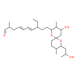 ChemSpider 2D Image | 4,6-Decadienal, 8-ethyl-10-[4-hydroxy-8-(2-hydroxypropyl)-3,9-dimethyl-1,7-dioxaspiro[5.5]undec-2-yl]-2-methyl- | C27H46O5