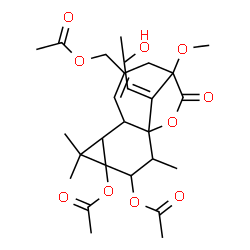 ChemSpider 2D Image | (14Z)-9-(Acetoxymethyl)-14-(2-hydroxypropylidene)-11-methoxy-2,5,5-trimethyl-12-oxo-13-oxatetracyclo[9.2.1.0~1,7~.0~4,6~]tetradec-8-ene-3,4-diyl diacetate | C27H36O10