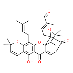 ChemSpider 2D Image | (2E)-4-[12-Hydroxy-8,8,21,21-tetramethyl-5-(3-methyl-2-buten-1-yl)-14,18-dioxo-3,7,20-trioxahexacyclo[15.4.1.0~2,15~.0~2,19~.0~4,13~.0~6,11~]docosa-4(13),5,9,11,15-pentaen-19-yl]-2-methyl-2-butenal | C33H36O7