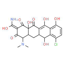 ChemSpider 2D Image | (2E)-2-[Amino(hydroxy)methylene]-7-chloro-4-(dimethylamino)-6,10,11,12a-tetrahydroxy-4a,5a,6,12a-tetrahydro-1,3,12(2H,4H,5H)-tetracenetrione | C21H21ClN2O8