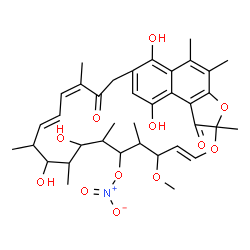ChemSpider 2D Image | (9E,19E,21Z)-15,17,27,29-Tetrahydroxy-11-methoxy-2,3,7,12,14,16,18,22-octamethyl-6,23-dioxo-8,30-dioxatetracyclo[23.3.1.1~4,7~.0~5,28~]triaconta-1(29),2,4,9,19,21,25,27-octaen-13-yl nitrate | C37H47NO12