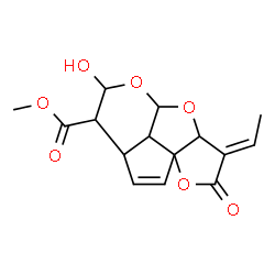 ChemSpider 2D Image | Methyl (3E)-3-ethylidene-6-hydroxy-2-oxo-3,3a,6,7,7a,9b-hexahydro-2H,4aH-1,4,5-trioxadicyclopenta[a,hi]indene-7-carboxylate | C15H16O7