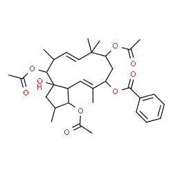 ChemSpider 2D Image | (4E,10E)-3,8,13-Triacetoxy-13a-hydroxy-2,5,9,9,12-pentamethyl-2,3,3a,6,7,8,9,12,13,13a-decahydro-1H-cyclopenta[12]annulen-6-yl benzoate | C33H44O9