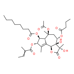 ChemSpider 2D Image | (3S,3aR,4S,6S,6aR,7S,8S,9bS)-6-Acetoxy-4-(butyryloxy)-3,3a-dihydroxy-3,6,9-trimethyl-8-[(2-methyl-2-butenoyl)oxy]-2-oxo-2,3,3a,4,5,6,6a,7,8,9b-decahydroazuleno[4,5-b]furan-7-yl octanoate | C34H50O12