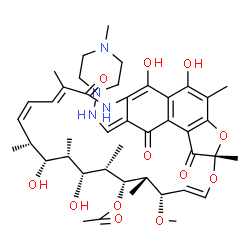 ChemSpider 2D Image | (7S,9E,11S,12S,13R,14S,15R,16S,17R,18S,19Z,21E,26E)-2,15,17,29-Tetrahydroxy-11-methoxy-3,7,12,14,16,18,22-heptamethyl-26-{[(4-methyl-1-piperazinyl)amino]methylene}-6,23,27-trioxo-8,30-dioxa-24-azatetr
acyclo[23.3.1.1~4,7~.0~5,28~]triaconta-1(28),2,4,9,19,21,25(29)-heptaen-13-yl acetate | C43H58N4O12