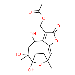 ChemSpider 2D Image | [(2E)-8,10,11-Trihydroxy-1,10-dimethyl-5-oxo-4,14-dioxatricyclo[9.2.1.0~3,7~]tetradeca-2,6-dien-6-yl]methyl acetate | C17H22O8