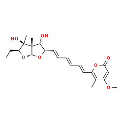 ChemSpider 2D Image | 6-{(1E,3E,5E)-6-[(2S,3S,3aS,4S,5S,6aR)-5-Ethyl-3,4-dihydroxy-3a,4-dimethylhexahydrofuro[2,3-b]furan-2-yl]-1,3,5-hexatrien-1-yl}-4-methoxy-5-methyl-2H-pyran-2-one | C23H30O7