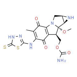 ChemSpider 2D Image | {(1aR,8R,8aS,8bR)-8a-Methoxy-5-methyl-4,7-dioxo-6-[(5-thioxo-4,5-dihydro-1,3,4-thiadiazol-2-yl)amino]-1,1a,2,4,7,8,8a,8b-octahydroazireno[2',3':3,4]pyrrolo[1,2-a]indol-8-yl}methyl carbamate | C17H18N6O5S2