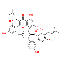 ChemSpider 2D Image | 8-[(1S,6S)-6-[2,4-Dihydroxy-3-(3-methyl-2-buten-1-yl)benzoyl]-5-(2,4-dihydroxyphenyl)-3-methyl-2-cyclohexen-1-yl]-2-(2,4-dihydroxyphenyl)-5,7-dihydroxy-3-(3-methyl-2-buten-1-yl)-4H-chromen-4-one | C45H44O11