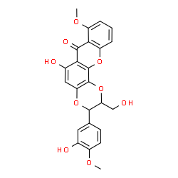 ChemSpider 2D Image | 6-Hydroxy-3-(3-hydroxy-4-methoxyphenyl)-2-(hydroxymethyl)-8-methoxy-2,3-dihydro-7H-[1,4]dioxino[2,3-c]xanthen-7-one | C24H20O9