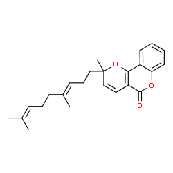 ChemSpider 2D Image | 2-[(3E)-4,8-Dimethyl-3,7-nonadien-1-yl]-2-methyl-2H,5H-pyrano[3,2-c]chromen-5-one | C24H28O3
