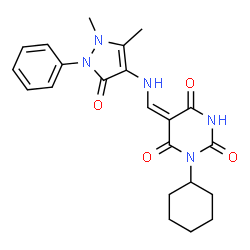 ChemSpider 2D Image | (5E)-1-Cyclohexyl-5-{[(1,5-dimethyl-3-oxo-2-phenyl-2,3-dihydro-1H-pyrazol-4-yl)amino]methylene}-2,4,6(1H,3H,5H)-pyrimidinetrione | C22H25N5O4