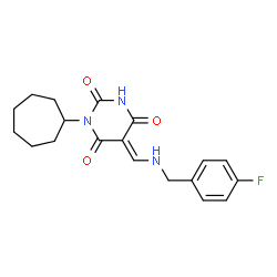ChemSpider 2D Image | (5E)-1-Cycloheptyl-5-{[(4-fluorobenzyl)amino]methylene}-2,4,6(1H,3H,5H)-pyrimidinetrione | C19H22FN3O3