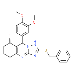 ChemSpider 2D Image | 2-(Benzylsulfanyl)-9-(3,4-dimethoxyphenyl)-5,6,7,9-tetrahydro[1,2,4]triazolo[5,1-b]quinazolin-8(1H)-one | C24H24N4O3S