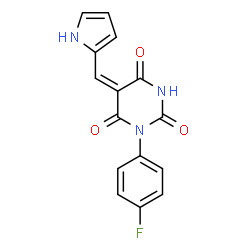 ChemSpider 2D Image | (5E)-1-(4-Fluorophenyl)-5-(1H-pyrrol-2-ylmethylene)-2,4,6(1H,3H,5H)-pyrimidinetrione | C15H10FN3O3