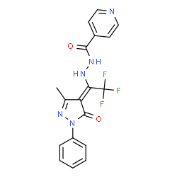 ChemSpider 2D Image | N'-[(1E)-2,2,2-Trifluoro-1-(3-methyl-5-oxo-1-phenyl-1,5-dihydro-4H-pyrazol-4-ylidene)ethyl]isonicotinohydrazide | C18H14F3N5O2