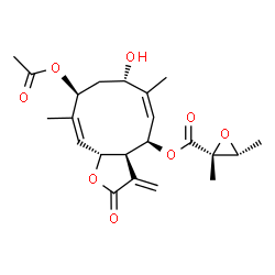 ChemSpider 2D Image | (3aS,4R,5Z,7S,9S,10Z,11aR)-9-Acetoxy-7-hydroxy-6,10-dimethyl-3-methylene-2-oxo-2,3,3a,4,7,8,9,11a-octahydrocyclodeca[b]furan-4-yl (2R,3R)-2,3-dimethyl-2-oxiranecarboxylate | C22H28O8