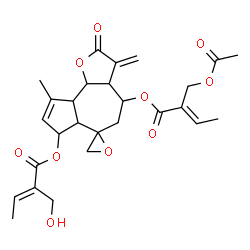 ChemSpider 2D Image | 7-{[(2E)-2-(Hydroxymethyl)-2-butenoyl]oxy}-9-methyl-3-methylene-2-oxo-3,3a,4,5,6a,7,9a,9b-octahydro-2H-spiro[azuleno[4,5-b]furan-6,2'-oxiran]-4-yl (2E)-2-(acetoxymethyl)-2-butenoate | C27H32O10