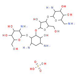 ChemSpider 2D Image | 4,6-Diamino-2-{[3-O-(2,6-diamino-2,6-dideoxyhexopyranosyl)pentofuranosyl]oxy}-3-hydroxycyclohexyl 2-amino-2-deoxyhexopyranoside sulfate (1:1) | C23H47N5O18S