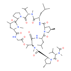 ChemSpider 2D Image | N-Acetyl-N-methyl-L-valyl-(4R)-N,4-dimethyl-N-[(2R,6S,9S,16S,24S,27S)-6,16,27-triisobutyl-24-isopropyl-2,10,17,25-tetramethyl-5,8,12,15,18,23,26,29-octaoxohexacosahydro-1H,12H-dipyrrolo[2,1-i:2',1'-r]
[1,4,7,10,13,16,19,22]oxaheptaazacyclopentacosin-9-yl]prolinamide | C57H96N10O12