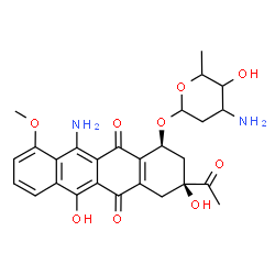 ChemSpider 2D Image | (1S,3S)-3-Acetyl-11-amino-3,6-dihydroxy-10-methoxy-5,12-dioxo-1,2,3,4,5,12-hexahydro-1-tetracenyl 3-amino-2,3,6-trideoxyhexopyranoside | C27H30N2O9