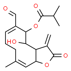 ChemSpider 2D Image | (6E,10Z)-6-Formyl-4-hydroxy-10-methyl-3-methylene-2-oxo-2,3,3a,4,5,8,9,11a-octahydrocyclodeca[b]furan-5-yl 2-methylpropanoate | C19H24O6