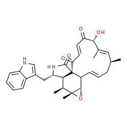 ChemSpider 2D Image | (1E,4S,5E,7R,9E,11aR,14S,14aR,15S,15aR,16aS)-7-Hydroxy-14-(1H-indol-3-ylmethyl)-4,6,15,15a-tetramethyl-4,7,14,14a,15,15a,16a,16b-octahydro-3H-cyclotrideca[d]oxireno[f]isoindole-8,11,12(13H)-trione | C32H36N2O5