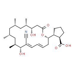 ChemSpider 2D Image | (1R,2R)-2-[(2S,4E,6E,8R,9S,11R,13S,15S,16S)-7-Cyano-8,16-dihydroxy-9,11,13,15-tetramethyl-18-oxooxacyclooctadeca-4,6-dien-2-yl]cyclopentanecarboxylic acid | C28H43NO6