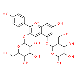 ChemSpider 2D Image | 7-Hydroxy-2-(4-hydroxyphenyl)-3-{[3,4,5-trihydroxy-6-(hydroxymethyl)tetrahydro-2H-pyran-2-yl]oxy}-5-{[4,5,6-trihydroxy-3-(hydroxymethyl)tetrahydro-2H-pyran-2-yl]oxy}chromenium | C27H31O15
