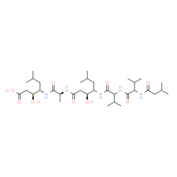 ChemSpider 2D Image | N-(3-Methylbutanoyl)valyl-N-[(3S)-1-{[(2S)-1-{[(2S,3S)-1-carboxy-2-hydroxy-5-methyl-3-hexanyl]amino}-1-oxo-2-propanyl]amino}-3-hydroxy-6-methyl-1-oxo-4-heptanyl]valinamide | C34H63N5O9