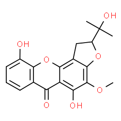 ChemSpider 2D Image | 5,10-Dihydroxy-2-(2-hydroxy-2-propanyl)-4-methoxy-1,2-dihydro-6H-furo[2,3-c]xanthen-6-one | C19H18O7