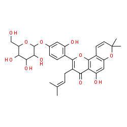 ChemSpider 2D Image | 3-Hydroxy-4-(5-hydroxy-8,8-dimethyl-3-(3-methyl-2-butenyl)-4-oxo-4H,8H-pyrano[2,3-f]chromen-2-yl)phenyl hexopyranoside | C31H34O11