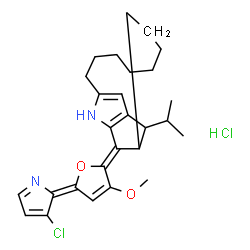 ChemSpider 2D Image | (15Z)-15-[(5Z)-5-(3-Chloro-2H-pyrrol-2-ylidene)-3-methoxy-2(5H)-furanylidene]-13-isopropyl-2-azatricyclo[10.2.1.1~3,14~]hexadeca-1(14),3(16)-diene hydrochloride (1:1) | C27H34Cl2N2O2