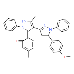 ChemSpider 2D Image | (6Z)-6-[5-(4-Methoxyphenyl)-5'-methyl-1,2'-diphenyl-1',2',4,5-tetrahydro-1H,3'H-3,4'-bipyrazol-3'-ylidene]-3-methyl-2,4-cyclohexadien-1-one | C33H30N4O2